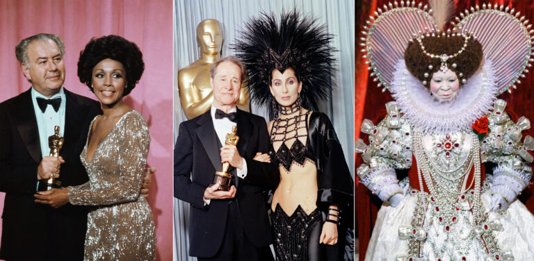 Bildkollage med Diahann Carroll, Cher och Whoopi Goldberg i Mackies kläder. Diahann Carroll, i glittrande klänning, Cher i klänning som visar mycket kropp och med stor huvudbonad och Goldberg klädd i en drottninglik klänning med gigantisk krage