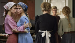 Två bilder. En på Lisa och Lilly från filmspelningen där de håller om varandra. Och en på Lena Endre som står i ett rum och pratar med två kvinnor med ryggen mot kameran.