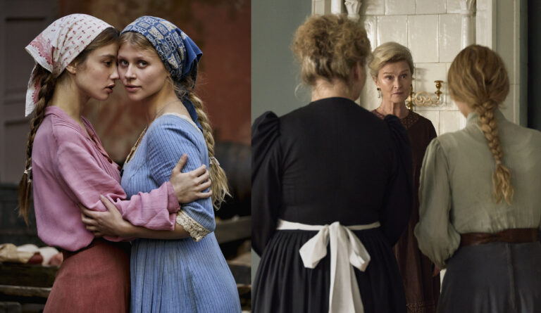 Två bilder. En på Lisa och Lilly från filmspelningen där de håller om varandra. Och en på Lena Endre som står i ett rum och pratar med två kvinnor med ryggen mot kameran.