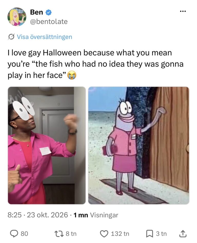 Twitterinlägg från Ben @bentolate som skriver ''I love gay Halloween because what do you mean you're the fish who had no idea they was gonna play in her face'' med två bilder. Bilden till vänster i inlägget är användaren i kostym utklädd till fisken Janet i SvampBob. Bilden till höger är den tecknade fisken från serien.