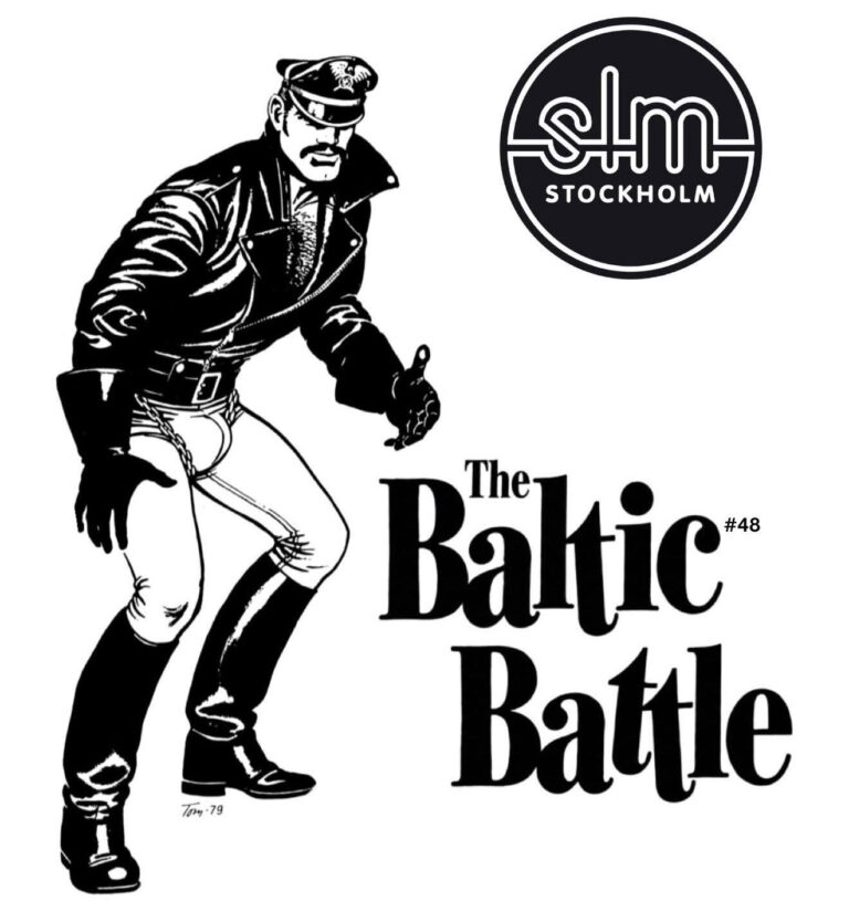 Bild på en läderkille ritad av Tom of Finland. Läderkeps, läderjacka, tighta jeans och höga läderboots. På bilden syns även SLM Stockholms logotype och logotypen för The Baltic Battle.