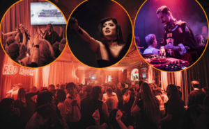 Karaokevärdinnor som sjunger, en dragqueen med mikrofon och en dj i mustasch. Plus stort dansgov med folk.